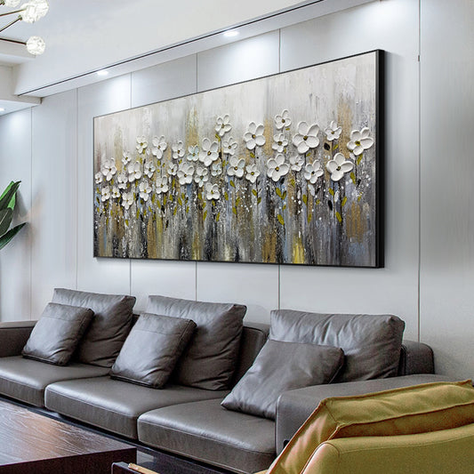 Handmade Gold Foil Abstract Oil Painting  Wall Art Modern Minimalist White Flowers Canvas Home Decorative For Living Room No Frame The Fauna Place